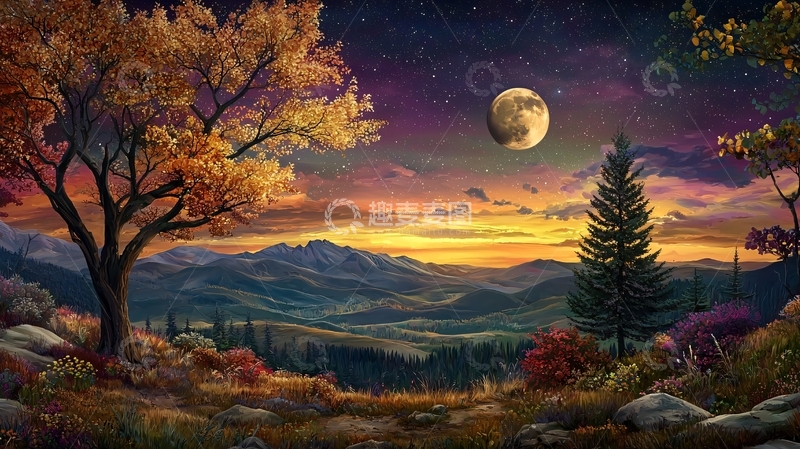 高清大图下载【趣麦麦图】秋夜山景月光下的宁静