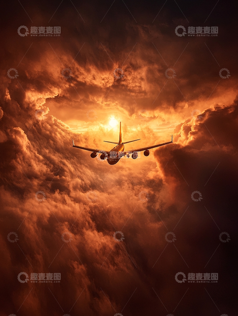 高清大图下载【趣麦麦图】夕阳云海中的飞机
