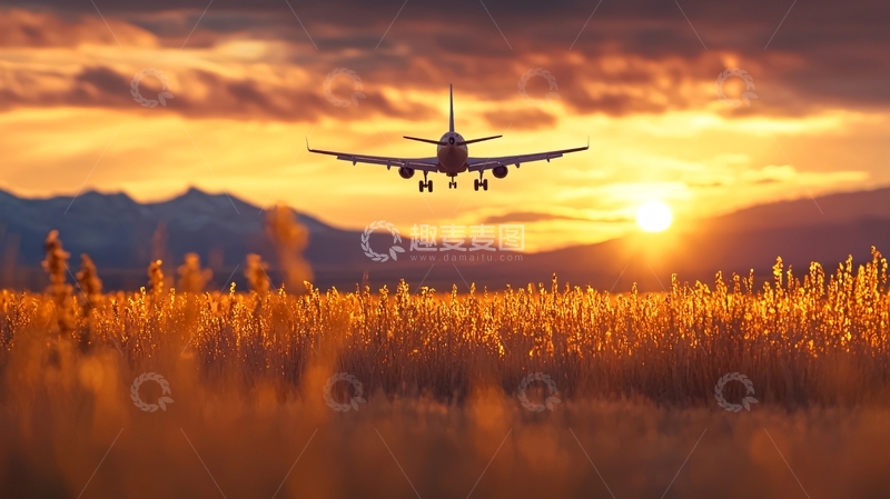 高清大图下载【趣麦麦图】夕阳下的飞机降落场景