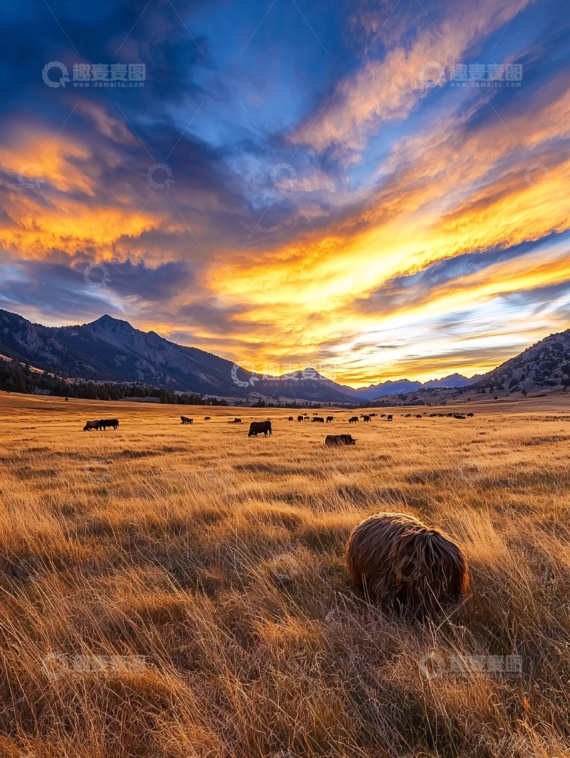 高清大图下载【趣麦麦图】夕阳下的草原与牛群