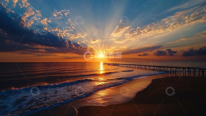 高清大图下载【趣麦麦图】日落海滩码头风景