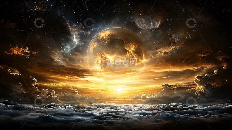 高清大图下载【趣麦麦图】梦幻星空下的巨大行星