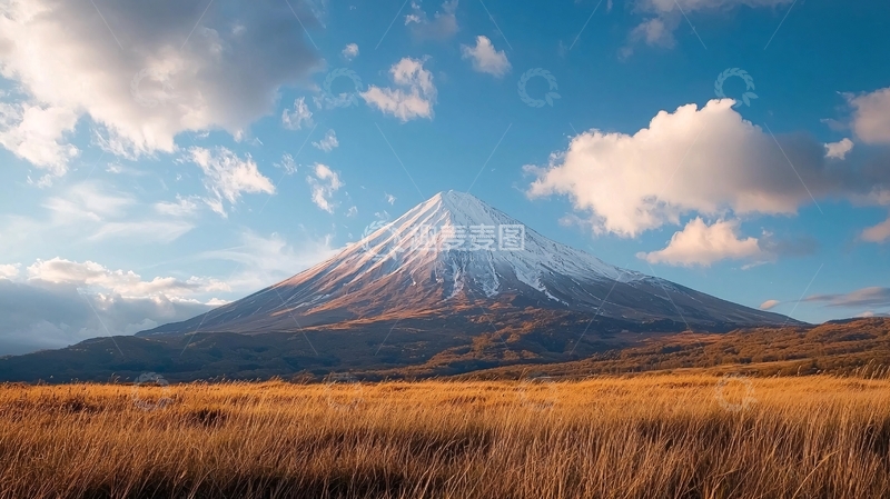 高清大图下载【趣麦麦图】秋日雪山下的金色草原