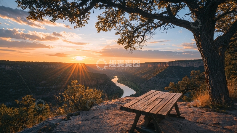 高清大图下载【趣麦麦图】日落峡谷野餐桌风景