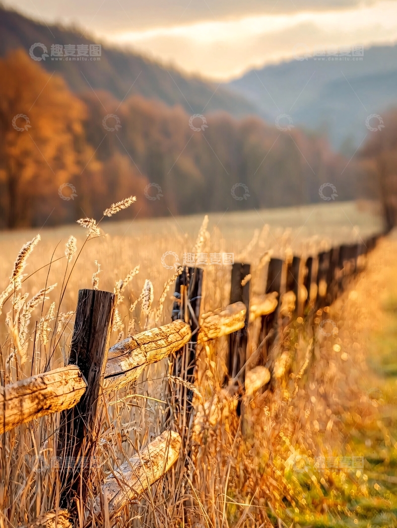 高清大图下载【趣麦麦图】秋日田野木栅栏风景