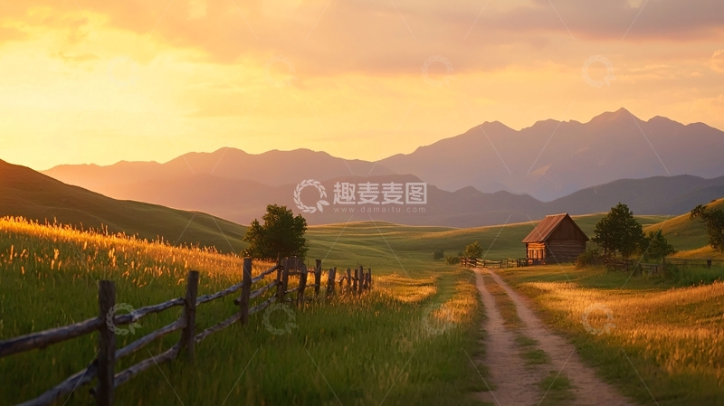 高清大图下载【趣麦麦图】夕阳下的山间小路与木屋