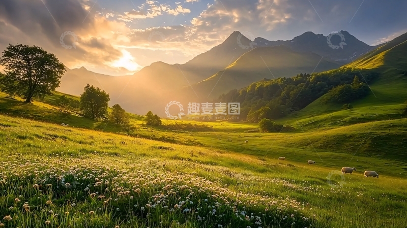 高清大图下载【趣麦麦图】夕阳下的山间牧场
