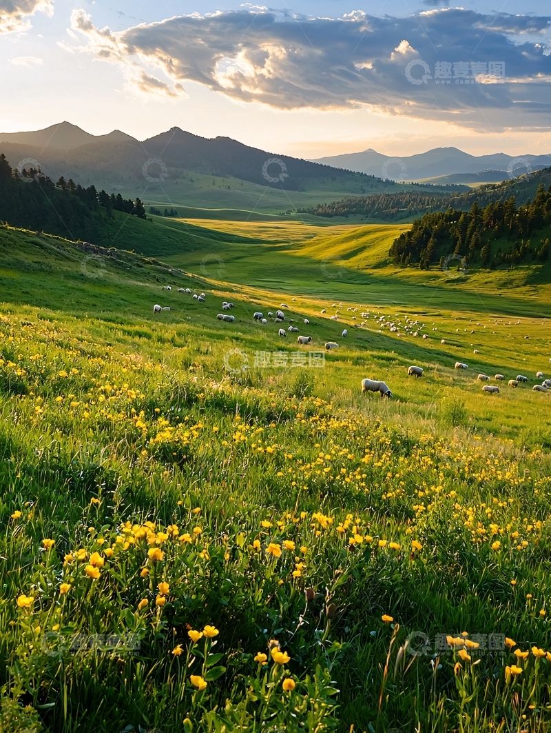 高清大图下载【趣麦麦图】夕阳下的山间牧场