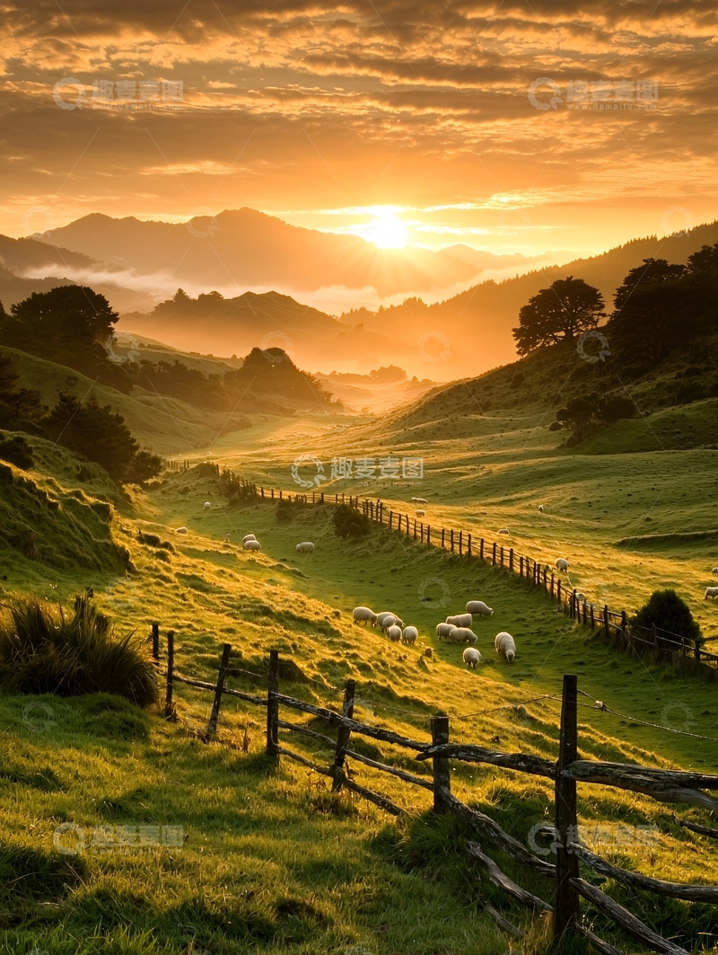 高清大图下载【趣麦麦图】夕阳下的山间羊群