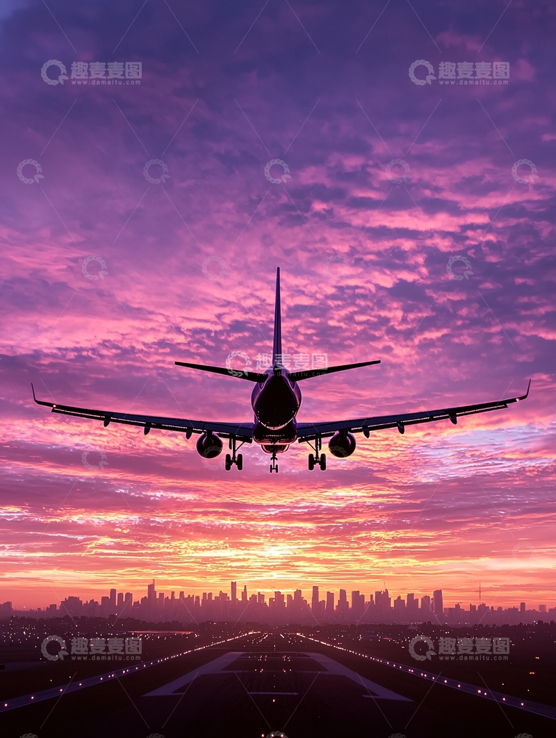 高清大图下载【趣麦麦图】飞机降落日落城市景观