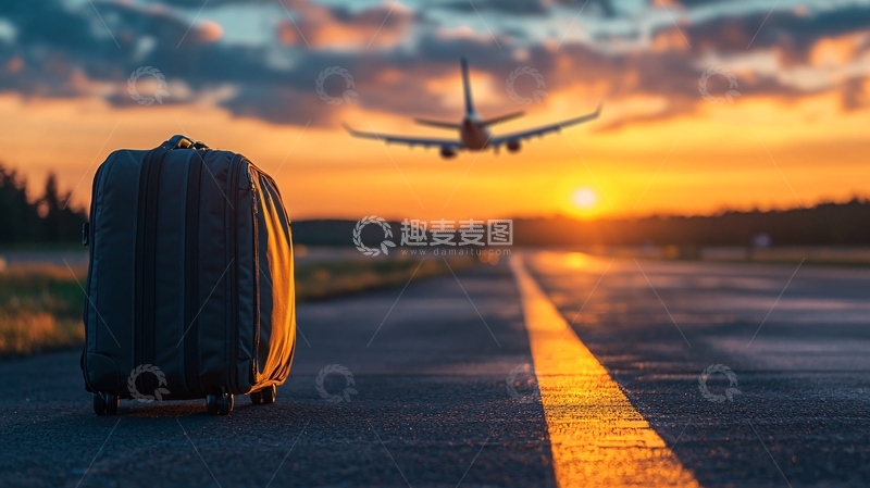 高清大图下载【趣麦麦图】夕阳下的机场跑道与行李箱