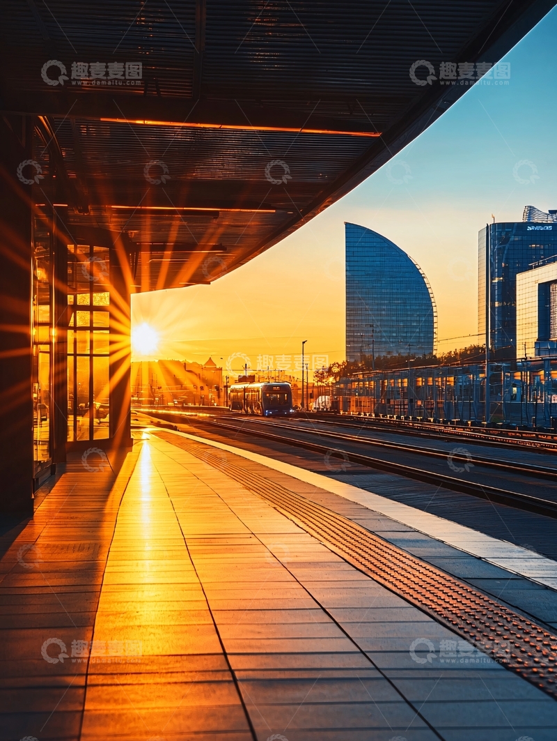 高清大图下载【趣麦麦图】夕阳下的火车站平台