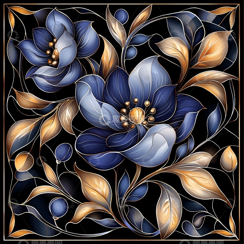 高清大图下载【趣麦麦图】深蓝花卉与金色叶子的艺术插画