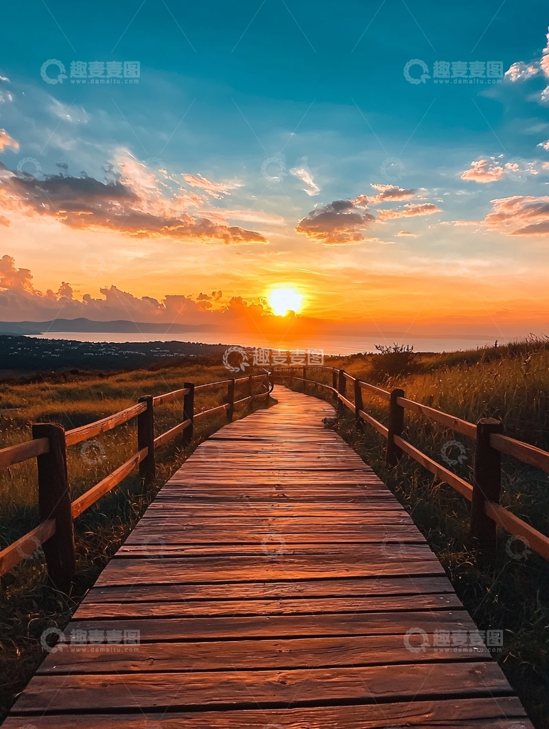 高清大图下载【趣麦麦图】夕阳下的木桥风景