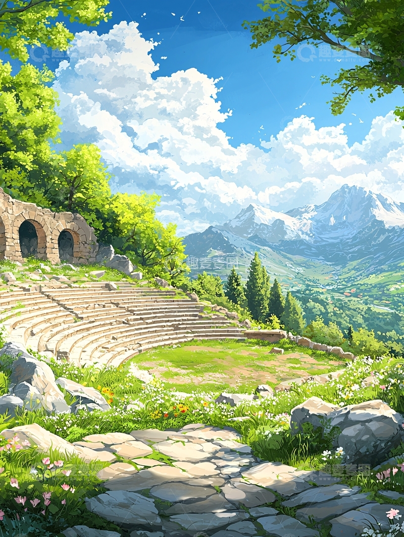 高清大图下载【趣麦麦图】古罗马剧场与雪山美景