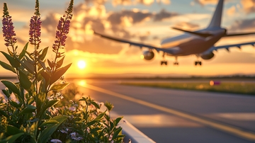 夕阳下的飞机跑道与野花