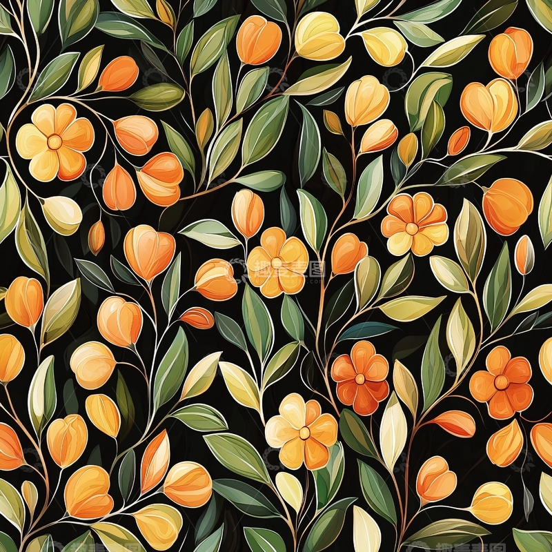 高清大图下载【趣麦麦图】橙色花朵与绿叶图案背景