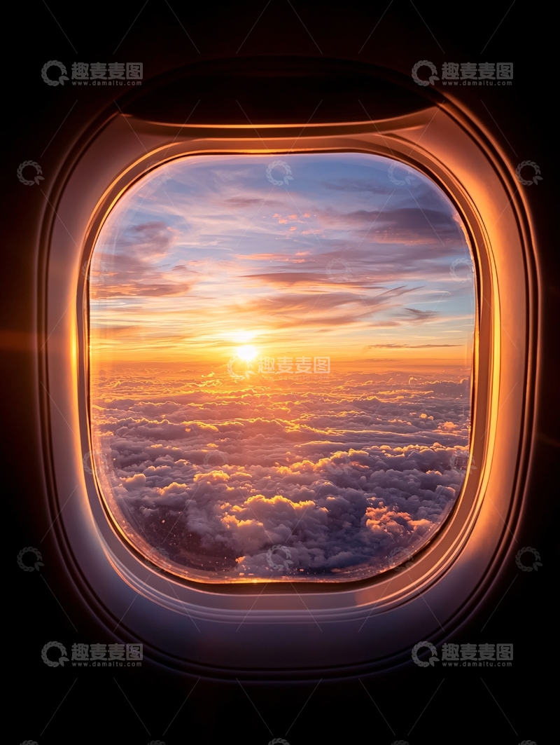 高清大图下载【趣麦麦图】飞机窗外的日落云海