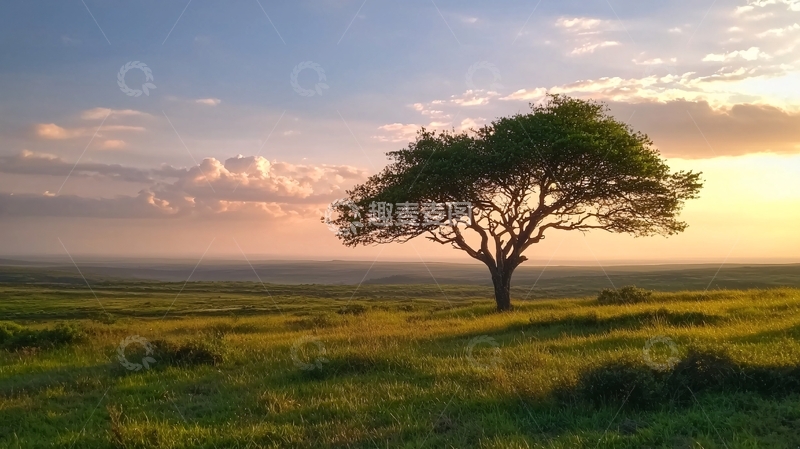 高清大图下载【趣麦麦图】草原上的孤树夕阳