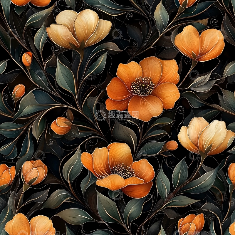 高清大图下载【趣麦麦图】橙色花卉与绿色叶子的艺术图案
