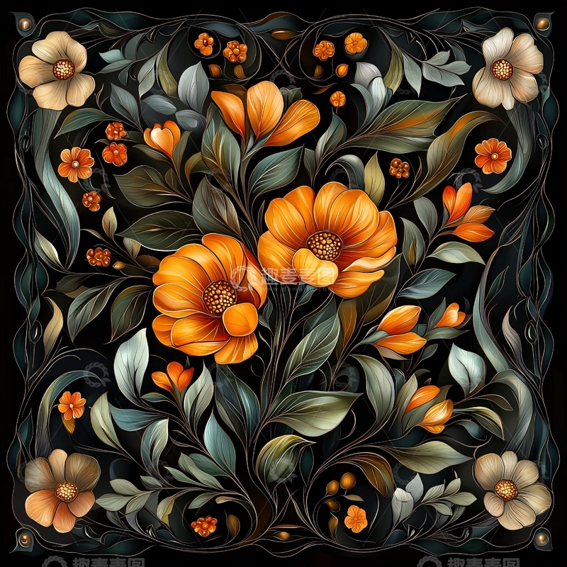 高清大图下载【趣麦麦图】橙色花卉与绿色叶子的艺术插画