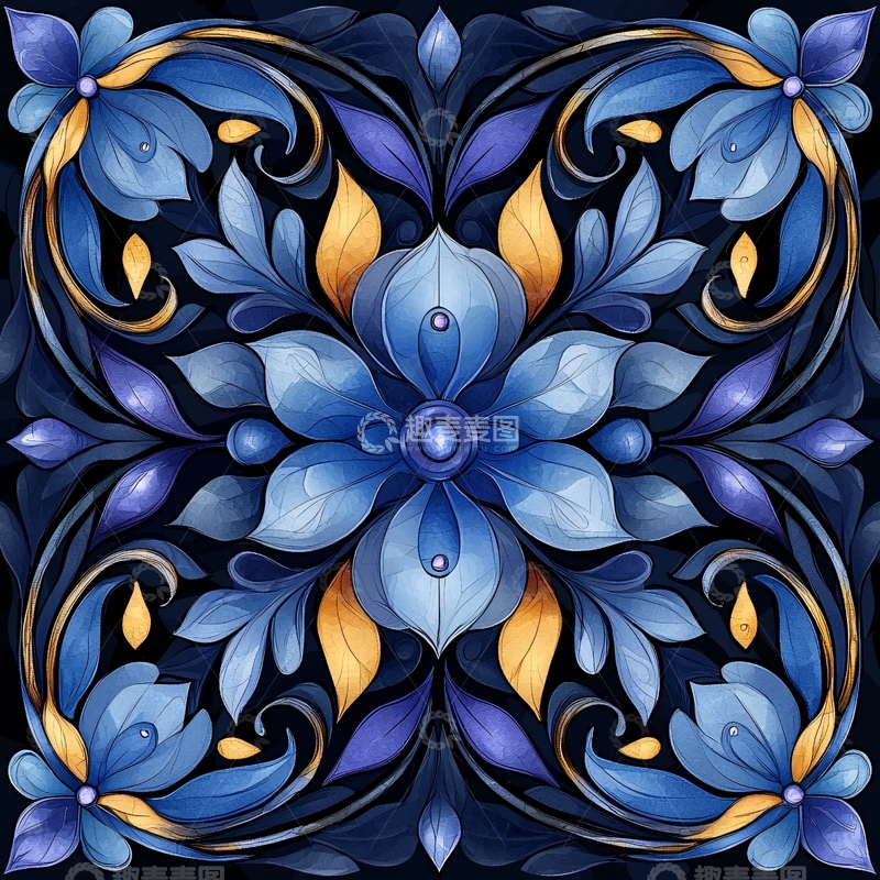 高清大图下载【趣麦麦图】蓝色花卉图案装饰背景