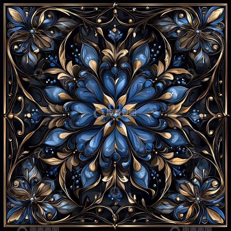 高清大图下载【趣麦麦图】蓝色花卉金色边框装饰图案