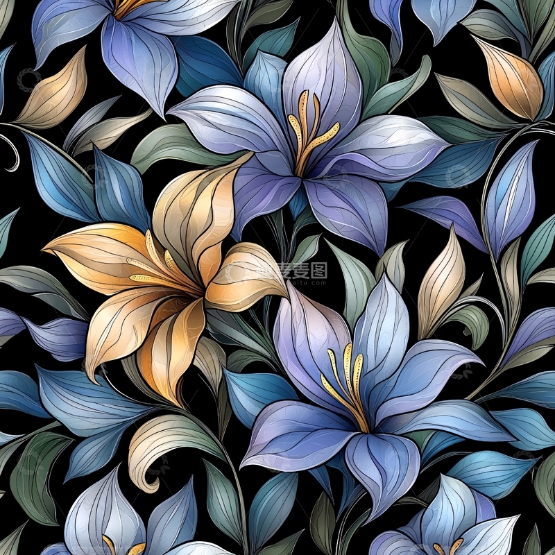 高清大图下载【趣麦麦图】梦幻花卉图案背景素材