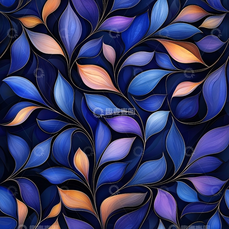 高清大图下载【趣麦麦图】蓝色渐变抽象叶子图案背景