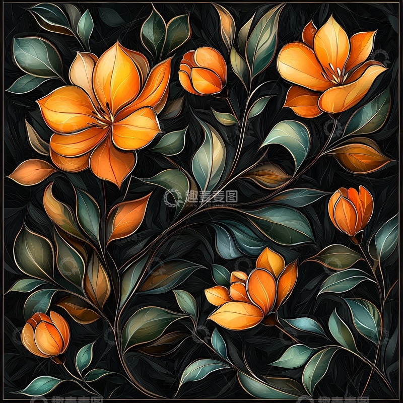 高清大图下载【趣麦麦图】橙色花朵与绿叶的艺术插画