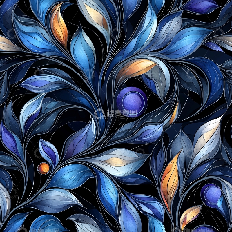 高清大图下载【趣麦麦图】蓝色抽象花卉图案背景