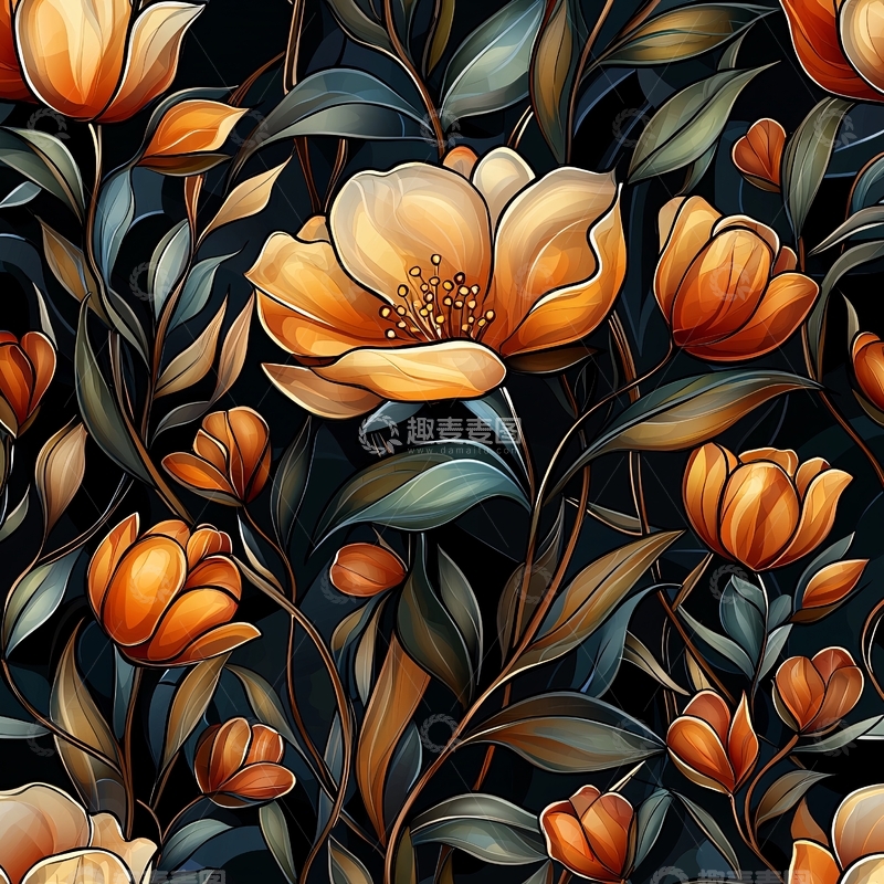 高清大图下载【趣麦麦图】橙色花卉图案背景素材