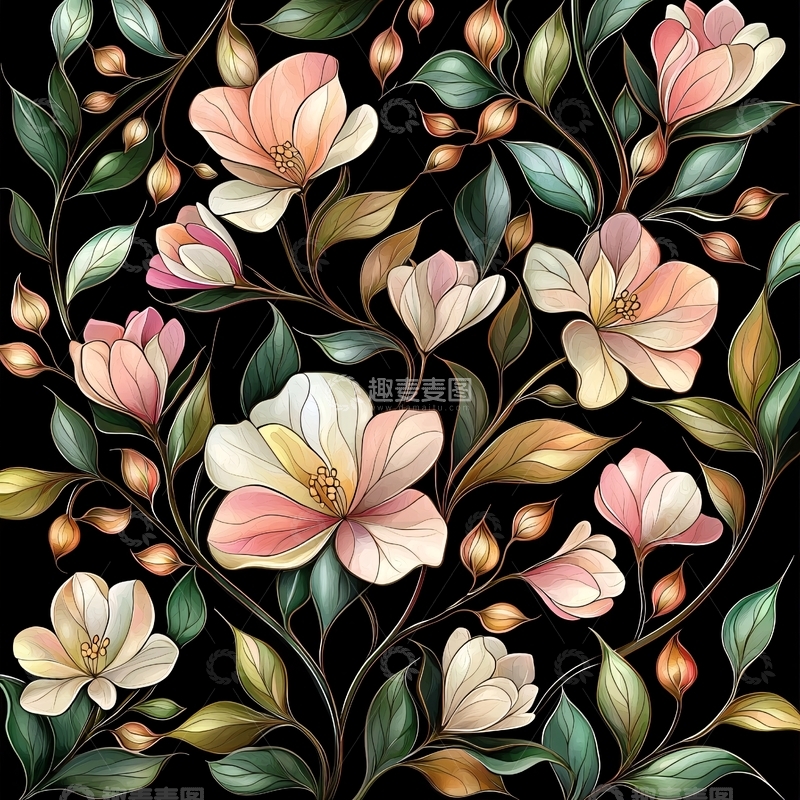 高清大图下载【趣麦麦图】粉色花朵与绿叶交织的艺术图案