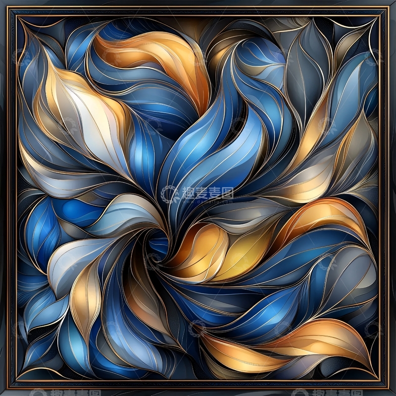 高清大图下载【趣麦麦图】抽象蓝色金色波浪纹饰背景
