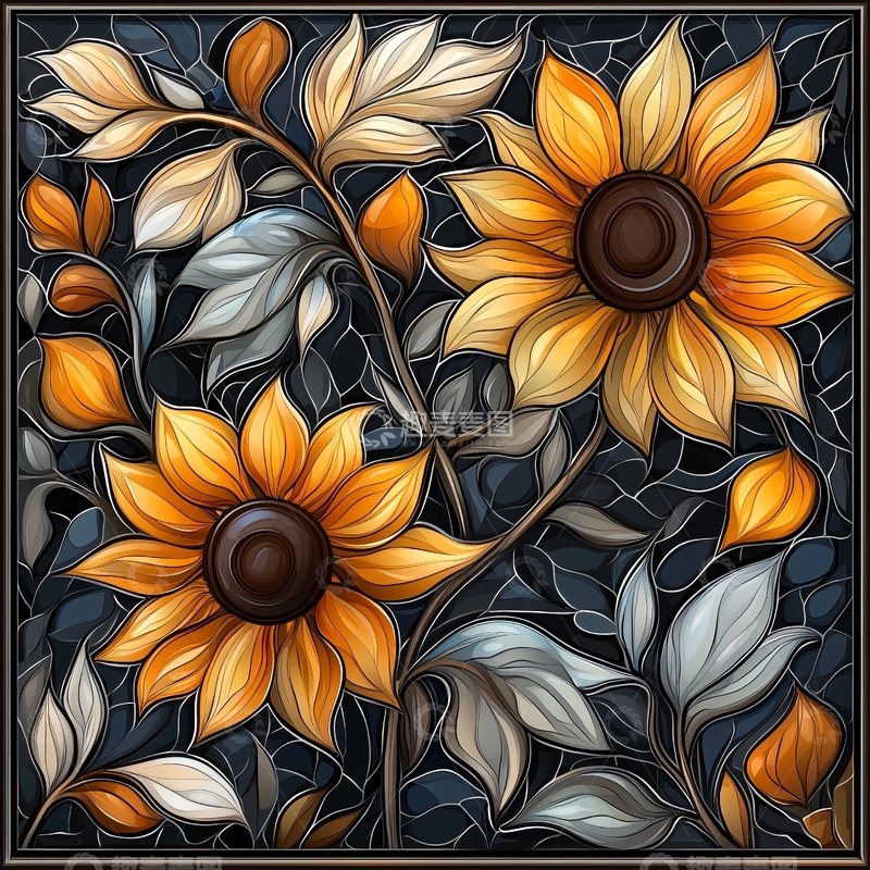 高清大图下载【趣麦麦图】向日葵与银色叶子的艺术插画