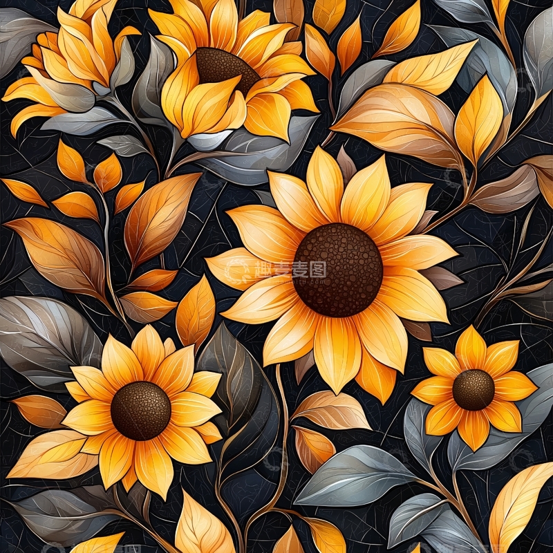 高清大图下载【趣麦麦图】向日葵与叶子的艺术图案