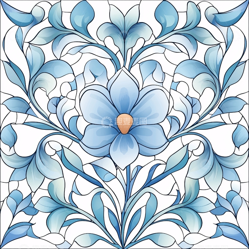 高清大图下载【趣麦麦图】蓝色花卉玻璃窗花图案