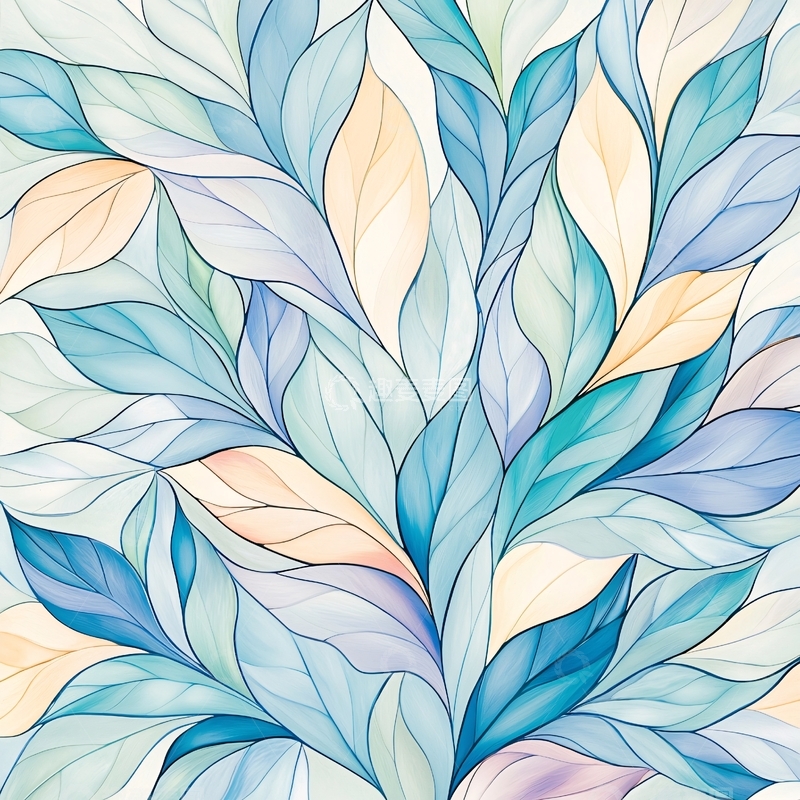 高清大图下载【趣麦麦图】蓝色渐变抽象叶子图案背景