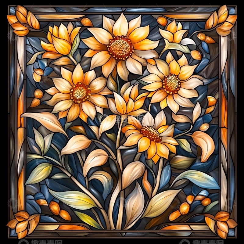 高清大图下载【趣麦麦图】秋日向日葵彩色玻璃窗花饰