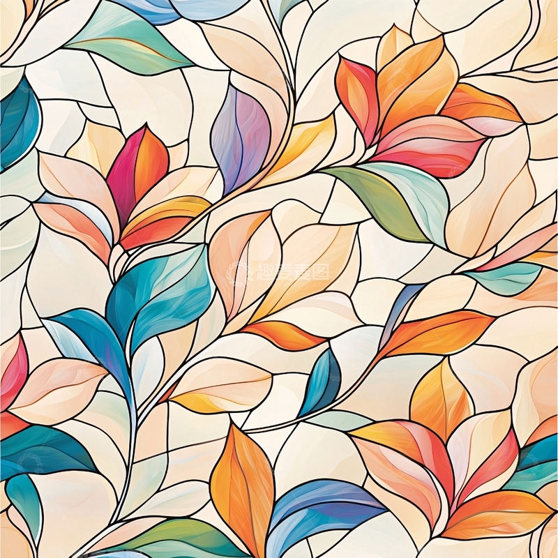 高清大图下载【趣麦麦图】彩色花卉玻璃窗图案背景