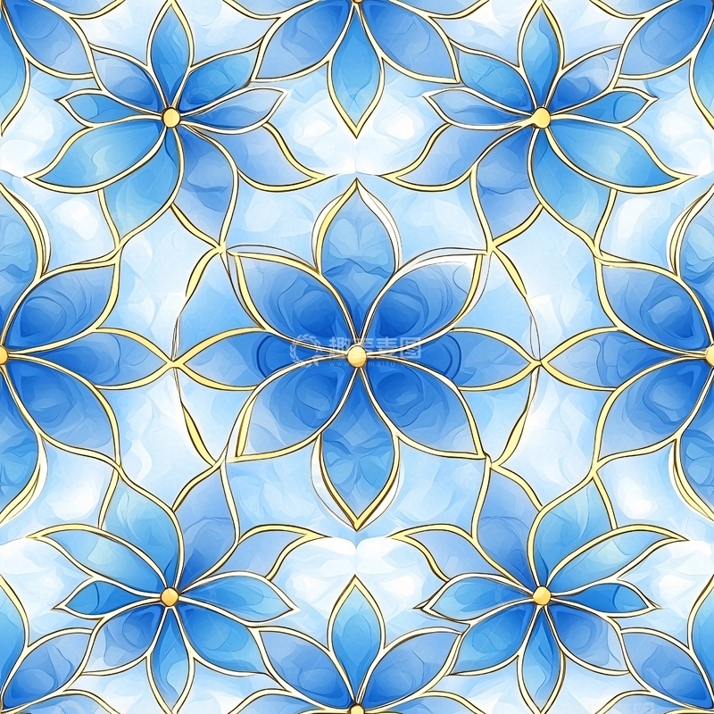 高清大图下载【趣麦麦图】蓝色花卉几何图案背景