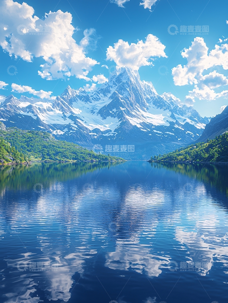 高清大图下载【趣麦麦图】雪山倒影宁静湖面
