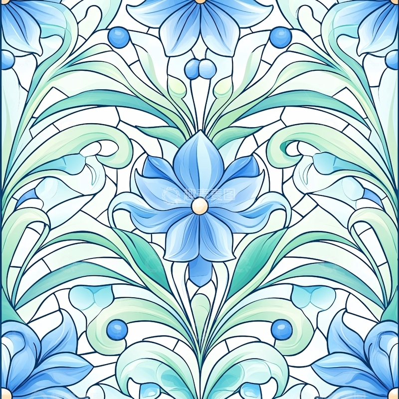 高清大图下载【趣麦麦图】蓝色花卉艺术玻璃窗图案