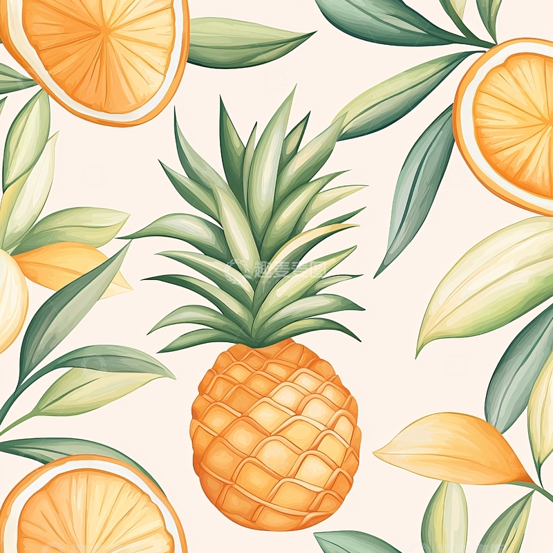 高清大图下载【趣麦麦图】热带水果菠萝橙子叶子背景图