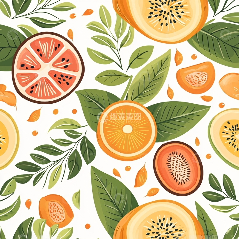 高清大图下载【趣麦麦图】热带水果与绿叶图案背景