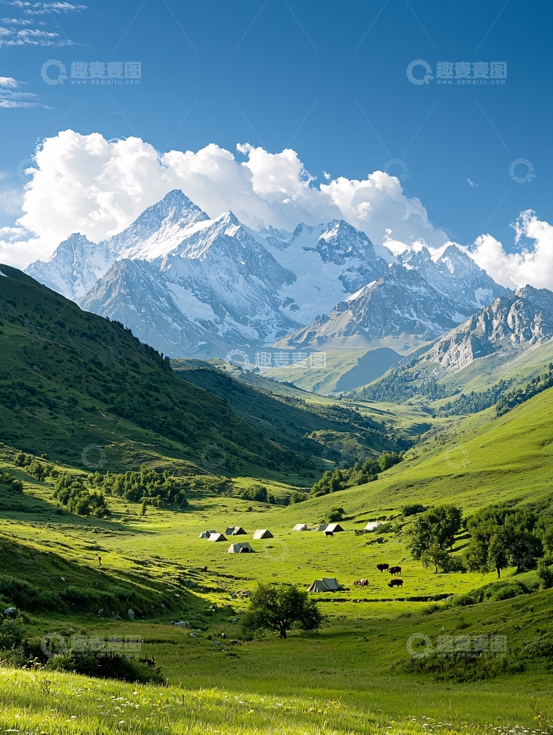 高清大图下载【趣麦麦图】雪山下的绿色山谷帐篷营地
