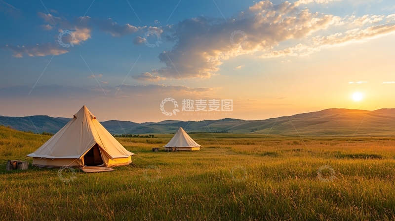 高清大图下载【趣麦麦图】草原露营帐篷日落美景