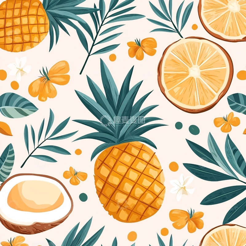 高清大图下载【趣麦麦图】热带水果与叶子图案背景