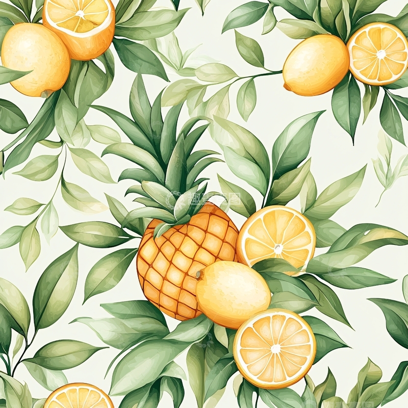 高清大图下载【趣麦麦图】热带水果与绿叶背景图案