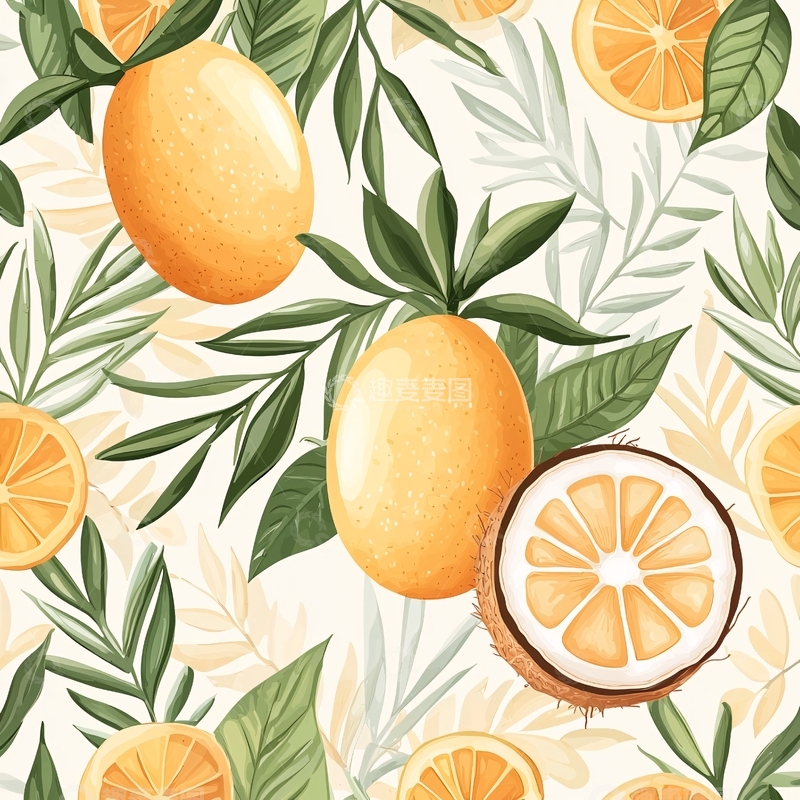 高清大图下载【趣麦麦图】热带水果与叶子图案背景